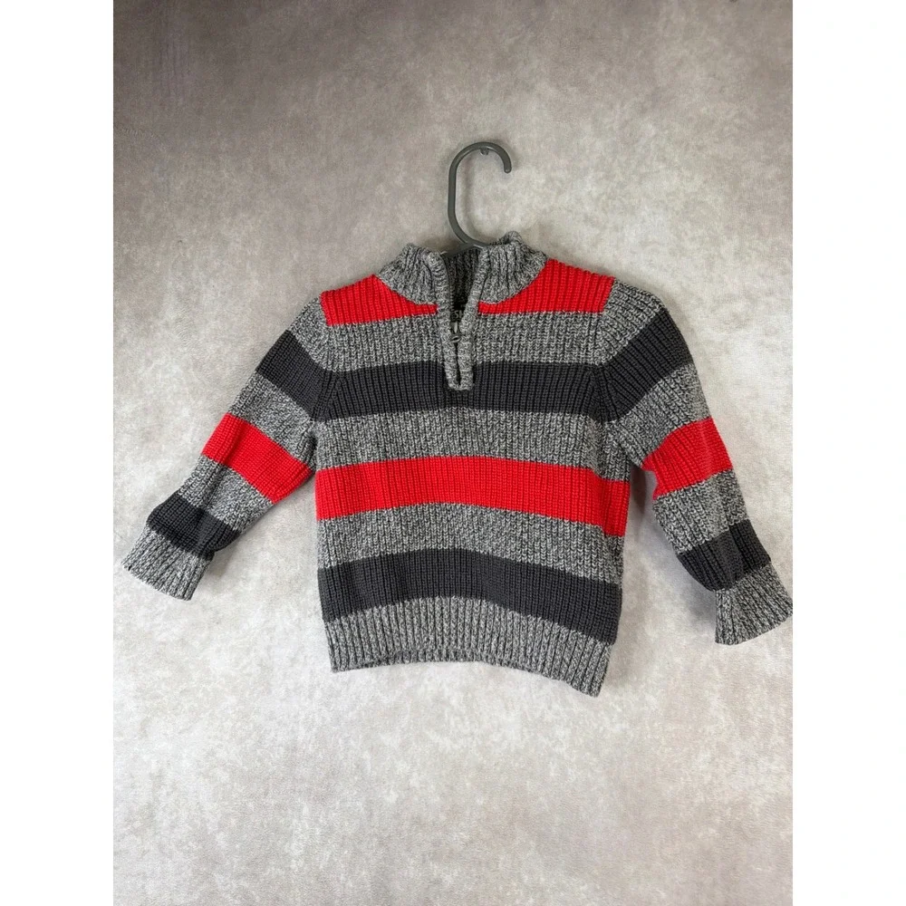 OshKosh B'gosh Quarter Zip Sweater Boys 18M Red Grey‎ Striped Chunky Knit